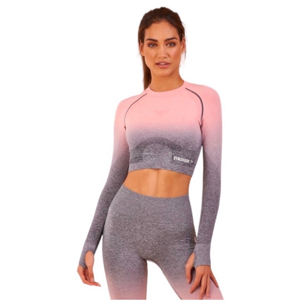 Gymshark Long Sleeve Ombré Seamless Crop Top Workout Gym Shirt Pink Gray Medium